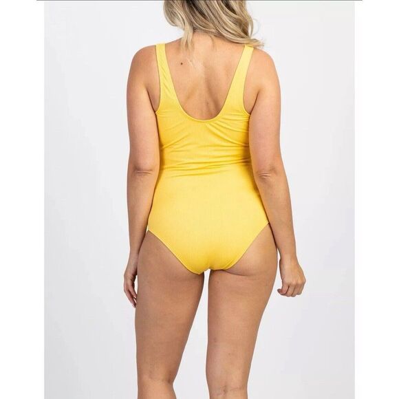 PinkBlush Women’s Yellow Ribbed Front Knot One-Piece Maternity Swimsuit Size M - Picture 3 of 12